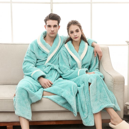 Ins simple, long, pocket-strap flannel robes for women and men for autumn and winter.