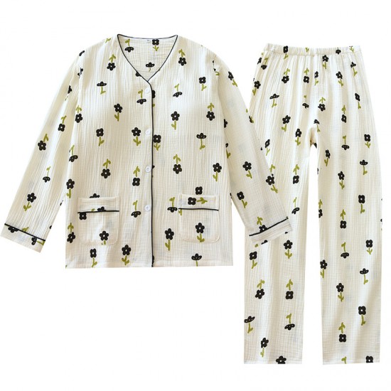 Women's padded pajamas, V-neck pure cotton double-layer gauze long sleeves, thin spring and summer loungewear two-piece set. Women's padded pajamas, V-neck pure cotton double-layer gauze long sleeves, thin spring and summer loungewear two-piece set.