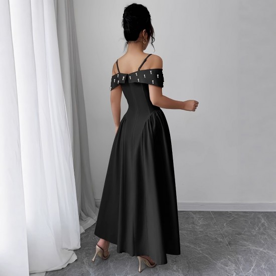 European and American women's high-end maxi dress, 2025 summer new high-waisted, elegant, off-the-shoulder, elegant, bubble-beaded dress. European and American women's high-end maxi dress, 2025 summer new high-waisted, elegant, off-the-shoulder, elegant, bubble-beaded dress.