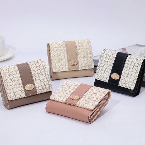 New women's short wallet, fresh-looking, floral print, PU clasp, zippered, multifunctional, student coin purse.