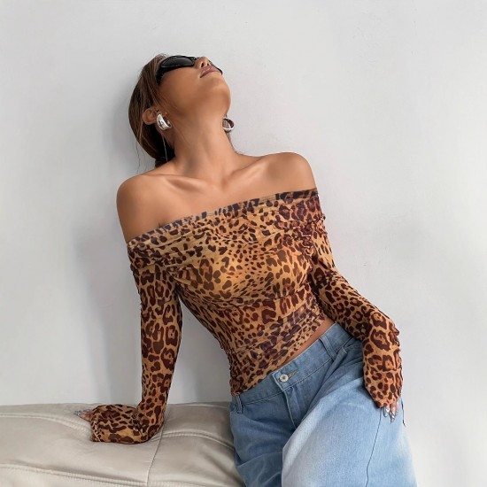Sexy, European and American summer, long-sleeved, off-the-shoulder, cross-border women's clothing, sexy, leopard-print, one-piece top. Sexy, European and American summer, long-sleeved, off-the-shoulder, cross-border women's clothing, sexy, leopard-print, one-piece top.