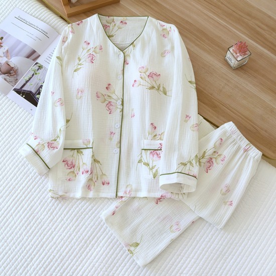 Women's padded pajamas, double-layered gauze, bra-free, long-sleeved, thin cotton loungewear, spring and autumn set Women's padded pajamas, double-layered gauze, bra-free, long-sleeved, thin cotton loungewear, spring and autumn set