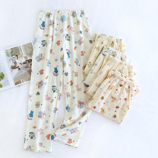 Women's Crepe Printed Pajamas, Spring and Autumn Double-Layer Cotton Gauze Thin Loose Drawstring Pants, Homewear Pants Women's Crepe Printed Pajamas, Spring and Autumn Double-Layer Cotton Gauze Thin Loose Drawstring Pants, Homewear Pants