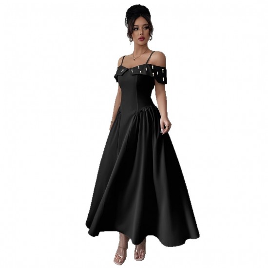 European and American women's high-end maxi dress, 2025 summer new high-waisted, elegant, off-the-shoulder, elegant, bubble-beaded dress. European and American women's high-end maxi dress, 2025 summer new high-waisted, elegant, off-the-shoulder, elegant, bubble-beaded dress.