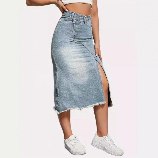 New Spring/Summer New Cross-Border American Retro Denim Skirt for Women, Fashionable Slit-Spliced ​​Midi A-Line Skirt