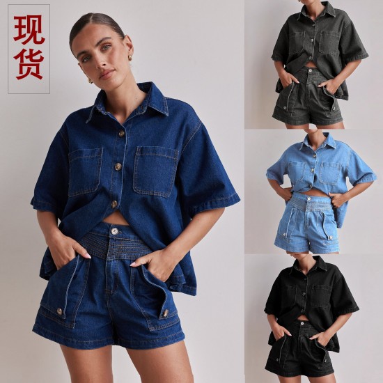 Amazon Foreign Trade Cross-Border 2025 Summer European and American women's casual retro loose shirt and denim shorts set Amazon Foreign Trade Cross-Border 2025 Summer European and American women's casual retro loose shirt and denim shorts set
