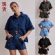 Amazon Foreign Trade Cross-Border 2025 Summer European and American women's casual retro loose shirt and denim shorts set Amazon Foreign Trade Cross-Border 2025 Summer European and American women's casual retro loose shirt and denim shorts set