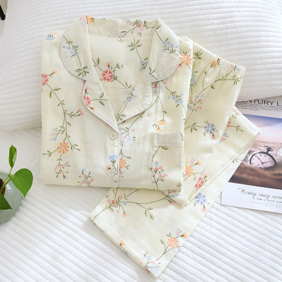 2025 spring new pure cotton gauze pajamas, women's loungewear set, long-sleeved, thin crepe, summer cotton 2025 spring new pure cotton gauze pajamas, women's loungewear set, long-sleeved, thin crepe, summer cotton