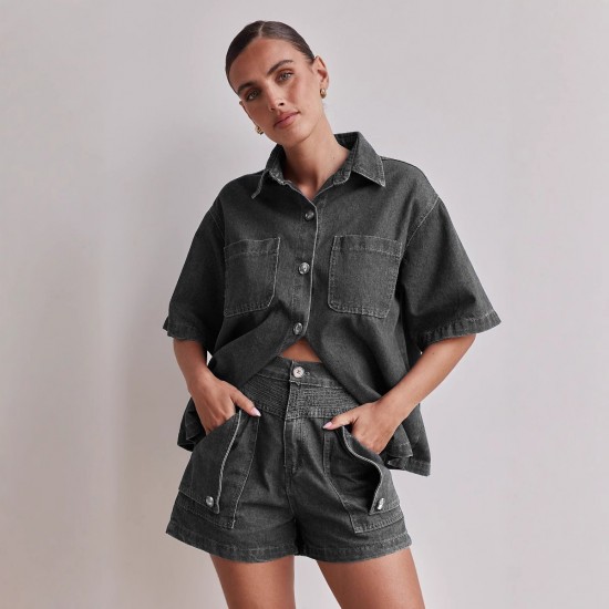 Amazon Foreign Trade Cross-Border 2025 Summer European and American women's casual retro loose shirt and denim shorts set Amazon Foreign Trade Cross-Border 2025 Summer European and American women's casual retro loose shirt and denim shorts set