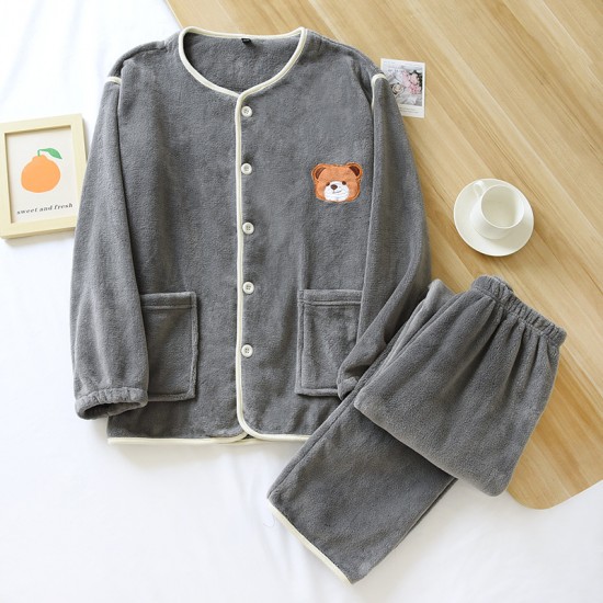 Couple flannel pajamas, simple, long-sleeved, plush, warm, two-piece loungewear set for men and women for autumn and winter Couple flannel pajamas, simple, long-sleeved, plush, warm, two-piece loungewear set for men and women for autumn and winter