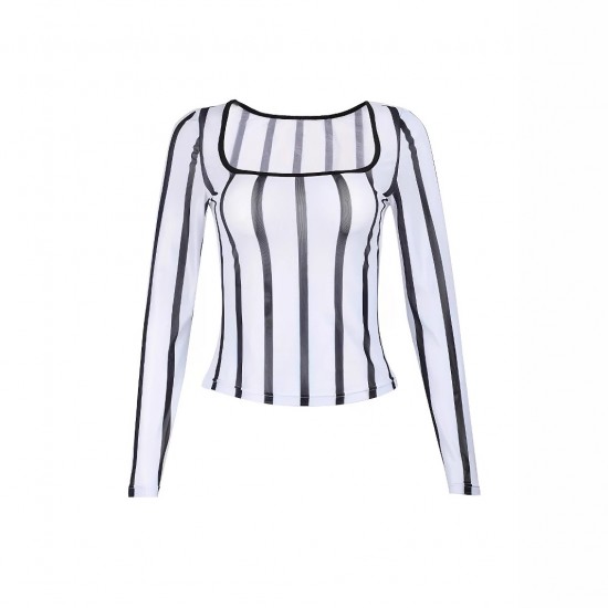 European and American women's summer tops. 2025 new, niche, striped, versatile, slim-fitting, sexy, long-sleeved T-shirt. Wholesale. European and American women's summer tops. 2025 new, niche, striped, versatile, slim-fitting, sexy, long-sleeved T-shirt. Wholesale.