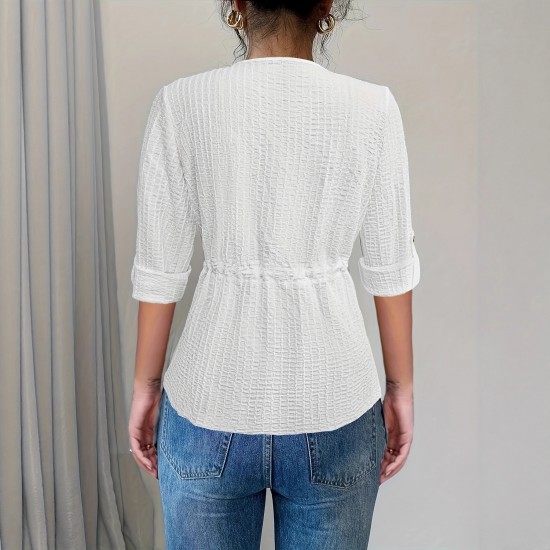 European and American mid-sleeved open shirt for women, 2025 spring and autumn new style, elegant casual round-neck drawstring waisted top European and American mid-sleeved open shirt for women, 2025 spring and autumn new style, elegant casual round-neck drawstring waisted top