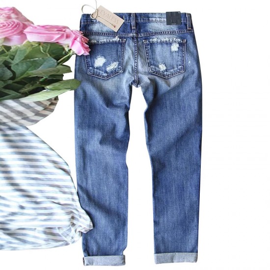 Cross-border Foreign Trade Straight Jeans for Women, 2025 New Red Plaid Print Patchwork, Ripped Pants, In Stock Goods