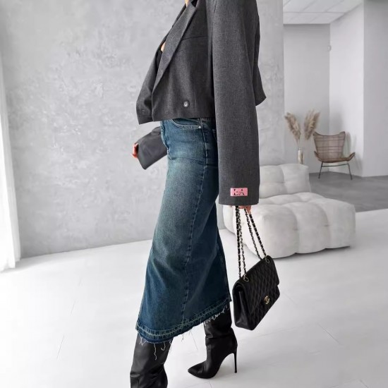 Vintage fashion Amazon cross-border high-waisted slit denim skirt, washed, slim-fitting, hip-lifting midi skirt for women Vintage fashion Amazon cross-border high-waisted slit denim skirt, washed, slim-fitting, hip-lifting midi skirt for women