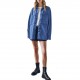 European and American Retro Hong Kong Style Lapel Denim Jacket for Women, Blue Large Pocket Loose Casual Shirt