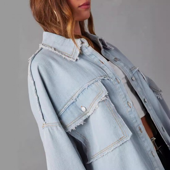 Cross-border foreign trade casual long-sleeved denim jacket, 2025 autumn new washed solid color midi jacket