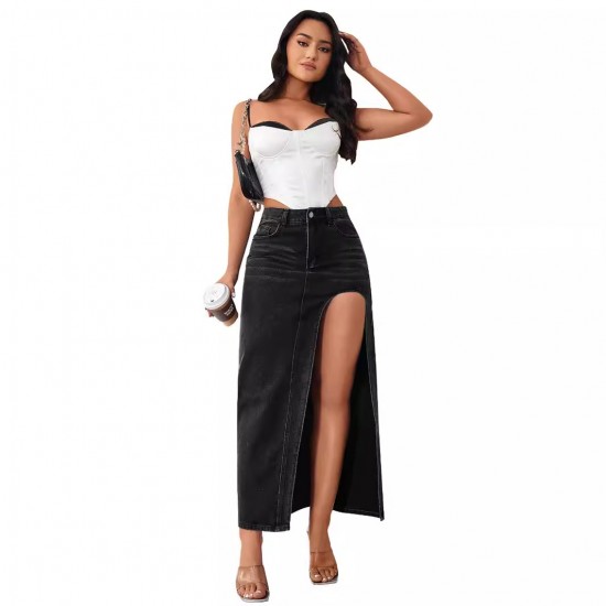 Factory direct sales: European and American cross-border high-slit denim skirt for women, 2025 spring and summer new washed solid color midi skirt