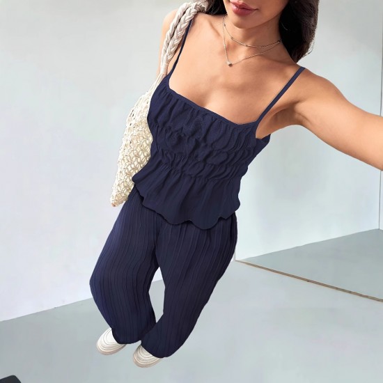 Suspender pleated waisted, slimming dark blue retro wide-leg pants, two-piece suit for women, casual straight pants, versatile set. Suspender pleated waisted, slimming dark blue retro wide-leg pants, two-piece suit for women, casual straight pants, versatile set.