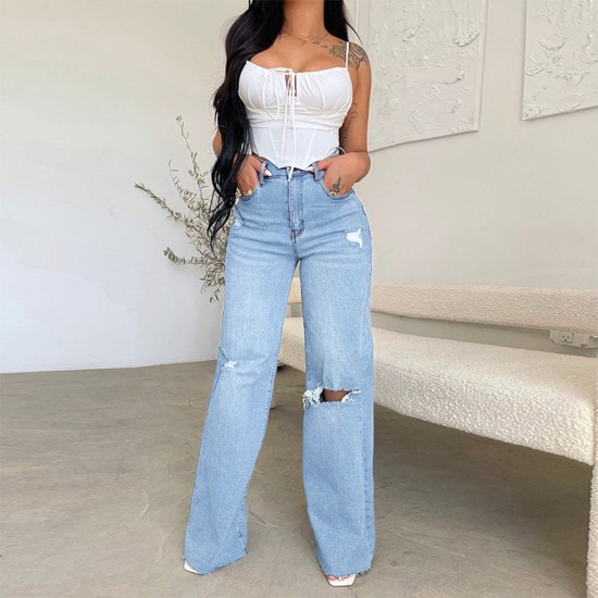 Factory direct sale on Amazon, women's long high-waisted jeans, ripped, raw-edge, popular European and American style, comfortable wide-leg pants. Factory direct sale on Amazon, women's long high-waisted jeans, ripped, raw-edge, popular European and American style, comfortable wide-leg pants.