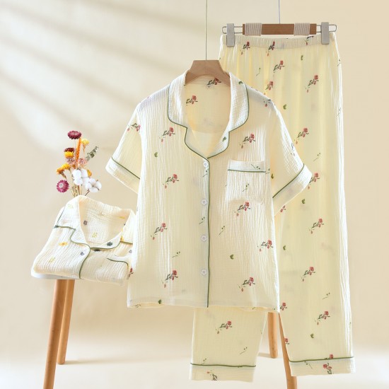 Women's summer pajamas, plus-size, pure cotton, double-layered gauze short-sleeved trousers, refreshing, soft, loose loungewear two-piece set Women's summer pajamas, plus-size, pure cotton, double-layered gauze short-sleeved trousers, refreshing, soft, loose loungewear two-piece set
