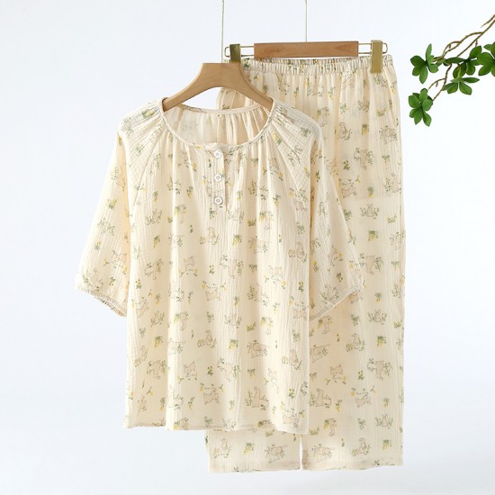 Women's pajamas, pure cotton double-layer gauze, round-neck, long-sleeved, spring and summer thin cotton floral crepe loungewear set Women's pajamas, pure cotton double-layer gauze, round-neck, long-sleeved, spring and summer thin cotton floral crepe loungewear set