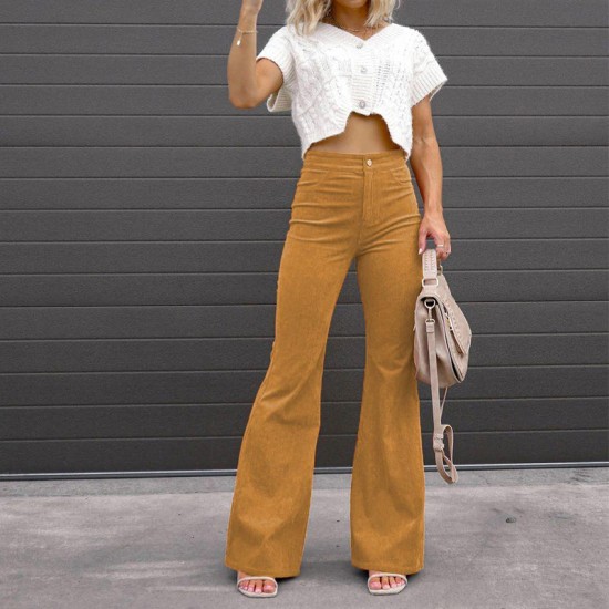 Factory Direct Cross-Border European and American 2025 Spring and Autumn Women's Solid Color Mid-Rise Slim Flared Corduroy Casual Pants Factory Direct Cross-Border European and American 2025 Spring and Autumn Women's Solid Color Mid-Rise Slim Flared Corduroy Casual Pants