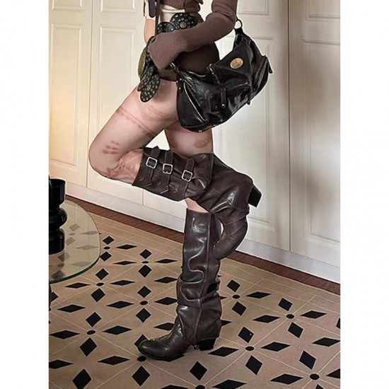 Women's pleated boots, western boots, thick heels, below the knee, belt buckle trouser boots. Women's pleated boots, western boots, thick heels, below the knee, belt buckle trouser boots.