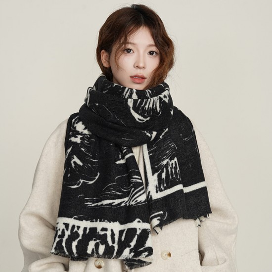 Autumn and winter new floral print imitation cashmere scarves for women, Japanese and Korean-style, artistic and fresh, thickened and warm shawls for students commuting.