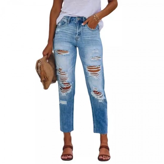 2025 summer stylish, simple European and American ripped, slim-fitting washed denim pants for women 2025 summer stylish, simple European and American ripped, slim-fitting washed denim pants for women