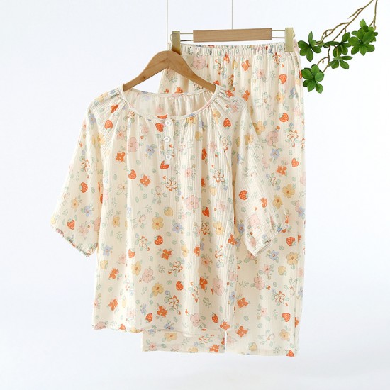 Women's pajamas, pure cotton double-layer gauze, round-neck, long-sleeved, spring and summer thin cotton floral crepe loungewear set Women's pajamas, pure cotton double-layer gauze, round-neck, long-sleeved, spring and summer thin cotton floral crepe loungewear set