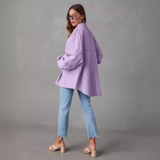 Cross-border foreign trade casual long-sleeved denim jacket, 2025 autumn new washed solid color midi jacket