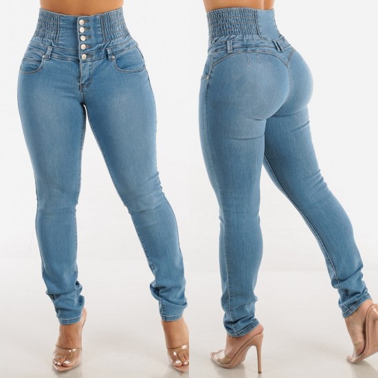 European and American cross-border stretch high-waisted button-down jeans for women, 2025 spring, slimming, hip-lifting skinny jeans European and American cross-border stretch high-waisted button-down jeans for women, 2025 spring, slimming, hip-lifting skinny jeans