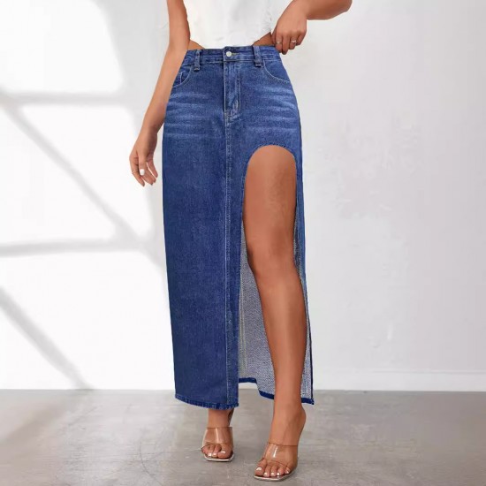 Factory direct sales: European and American cross-border high-slit denim skirt for women, 2025 spring and summer new washed solid color midi skirt