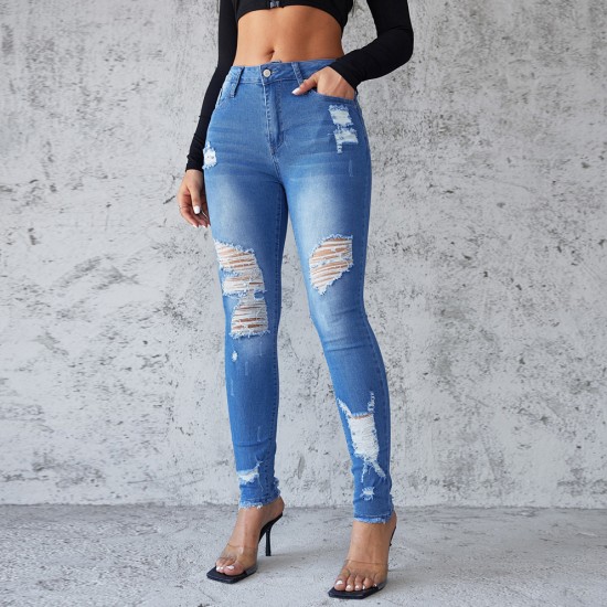 Amazon European and American Cross-border Ripped Jeans for Women, 2025 Spring/Summer New Slimming, Hip-lifting Skinny Pants, High-waisted, In Stock Amazon European and American Cross-border Ripped Jeans for Women, 2025 Spring/Summer New Slimming, Hip-lifting Skinny Pants, High-waisted, In Stock