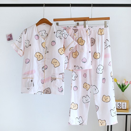 Women's pure cotton home clothes, washed cotton short-sleeved long pants, plaid cotton, large-size, loose, thin summer pajamas set Women's pure cotton home clothes, washed cotton short-sleeved long pants, plaid cotton, large-size, loose, thin summer pajamas set