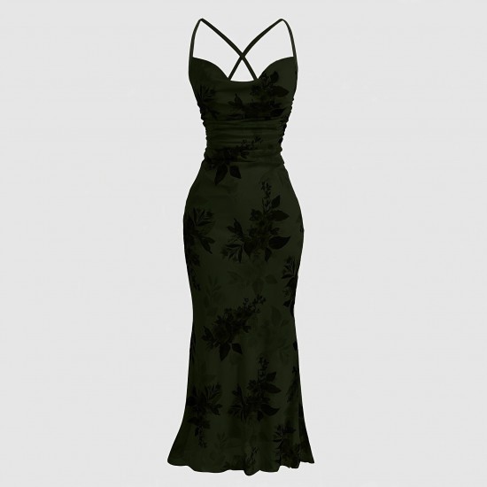 European and American high-end slim-fit maxi dress: elegant, slim-fitting mesh print, cross-back camisole dress. European and American high-end slim-fit maxi dress: elegant, slim-fitting mesh print, cross-back camisole dress.