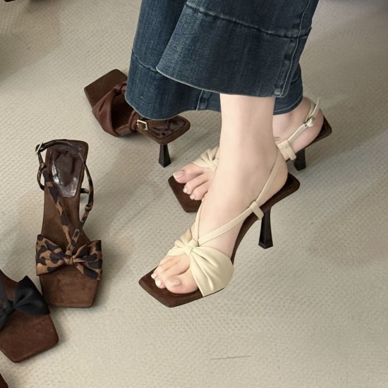 French-style, elegant bow-knot high heels for women, new summer 2025 styles, leopard print stiletto sandals for women with skirts French-style, elegant bow-knot high heels for women, new summer 2025 styles, leopard print stiletto sandals for women with skirts