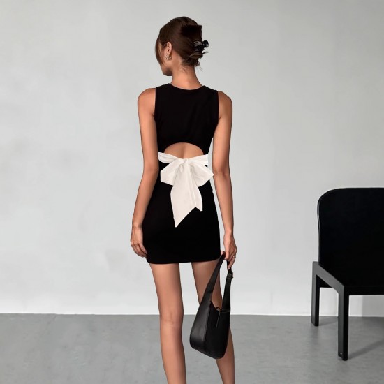 Cross-border women's short skirt V-neck pink and black bow-embellished slim-waisted dress with puffy buds Cross-border women's short skirt V-neck pink and black bow-embellished slim-waisted dress with puffy buds