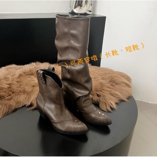 Women's pleated boots, western boots, thick heels, below the knee, belt buckle trouser boots. Women's pleated boots, western boots, thick heels, below the knee, belt buckle trouser boots.