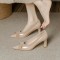 2025 spring/summer new patent leather, pointed-toe, mid-heeled sandals for women, matching skirts.