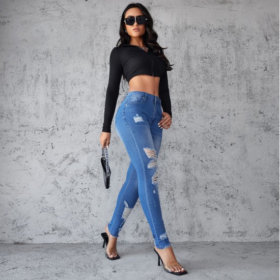 Amazon European and American Cross-border Ripped Jeans for Women, 2025 Spring/Summer New Slimming, Hip-lifting Skinny Pants, High-waisted, In Stock Amazon European and American Cross-border Ripped Jeans for Women, 2025 Spring/Summer New Slimming, Hip-lifting Skinny Pants, High-waisted, In Stock