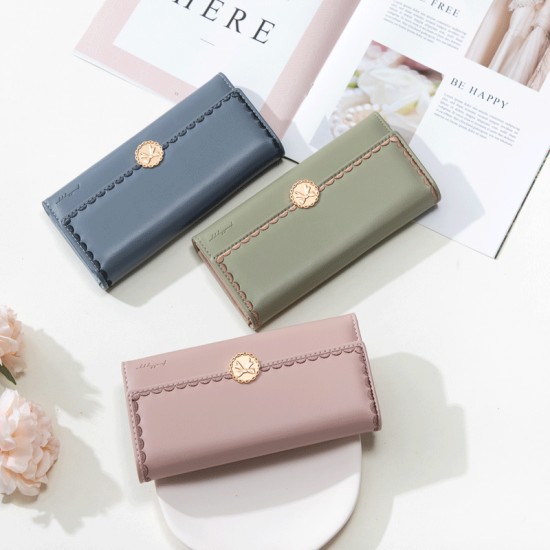 Lovebu New Cross-Border Long Women's Wallet with Solid Color Bow Clasp and Trifold Embroidered Clutch Lovebu New Cross-Border Long Women's Wallet with Solid Color Bow Clasp and Trifold Embroidered Clutch