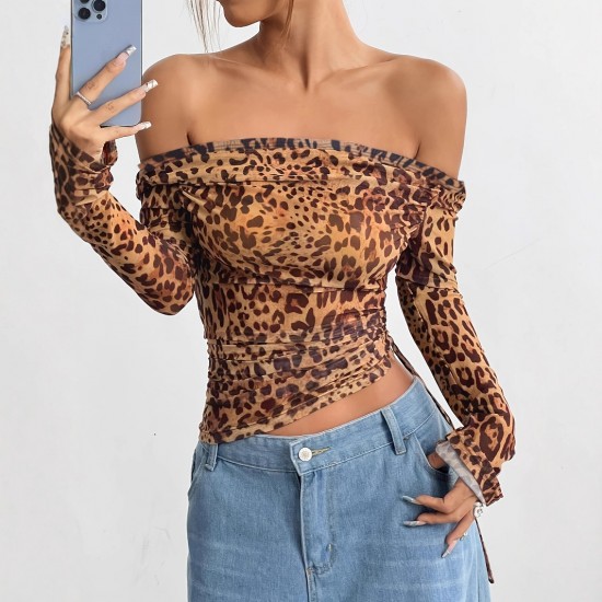 Sexy, European and American summer, long-sleeved, off-the-shoulder, cross-border women's clothing, sexy, leopard-print, one-piece top. Sexy, European and American summer, long-sleeved, off-the-shoulder, cross-border women's clothing, sexy, leopard-print, one-piece top.