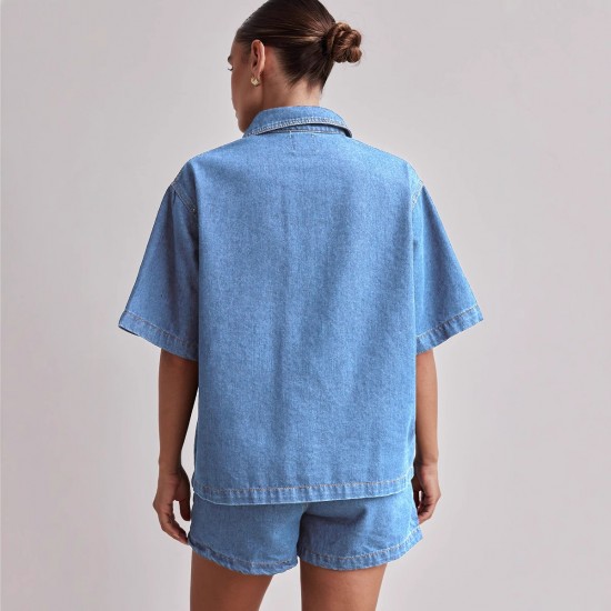 Amazon Foreign Trade Cross-Border 2025 Summer European and American women's casual retro loose shirt and denim shorts set Amazon Foreign Trade Cross-Border 2025 Summer European and American women's casual retro loose shirt and denim shorts set