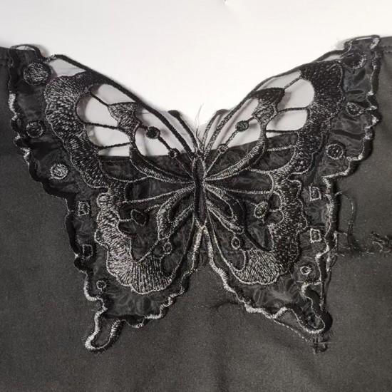 Mesh patchwork off-the-shoulder long-sleeved top for women, summer pure and sexy short black butterfly hollow T-shirt.