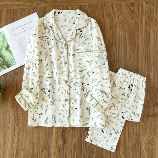 New cotton gauze pajamas for women, spring, autumn, and summer, long-sleeved, all-cotton, thin, simple loungewear set suitable for outerwear