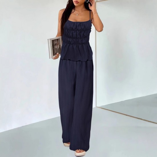 Suspender pleated waisted, slimming dark blue retro wide-leg pants, two-piece suit for women, casual straight pants, versatile set. Suspender pleated waisted, slimming dark blue retro wide-leg pants, two-piece suit for women, casual straight pants, versatile set.