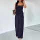 Suspender pleated waisted, slimming dark blue retro wide-leg pants, two-piece suit for women, casual straight pants, versatile set. Suspender pleated waisted, slimming dark blue retro wide-leg pants, two-piece suit for women, casual straight pants, versatile set.