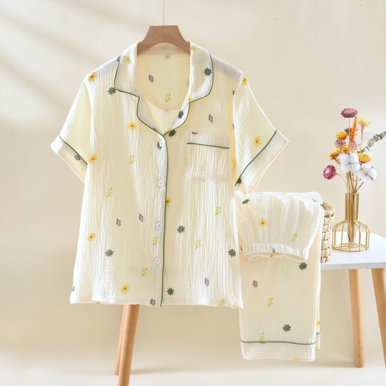Women's summer pajamas, plus-size, pure cotton, double-layered gauze short-sleeved trousers, refreshing, soft, loose loungewear two-piece set Women's summer pajamas, plus-size, pure cotton, double-layered gauze short-sleeved trousers, refreshing, soft, loose loungewear two-piece set