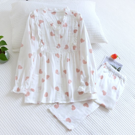 Women's padded pajamas, pure cotton double-layered gauze, V-neck, thin, long-sleeved, bra-free, spring and summer loungewear set Women's padded pajamas, pure cotton double-layered gauze, V-neck, thin, long-sleeved, bra-free, spring and summer loungewear set